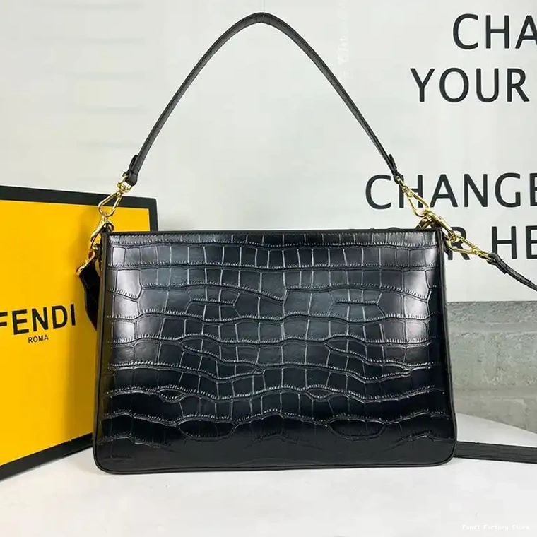 Cheap Crocodile Shoulder Fendi Black O'Lock Zip Bag Leather In 0509